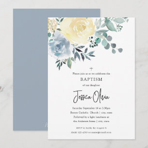 Dusty Blue Ivory Floral Greenery Baptism Invitation