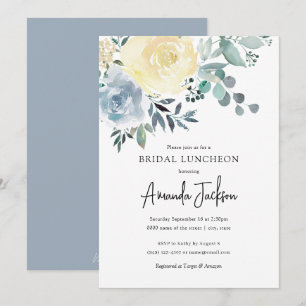 Dusty Blue Ivory Floral Greenery Bridal Luncheon Invitation