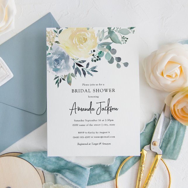 Dusty Blue Ivory Floral Greenery Bridal Shower Invitation (Creator Uploaded)