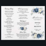 Dusty Blue Ivory Floral Tri-fold Wedding Program<br><div class="desc">Dusty blue floral wedding tri-fold program card featuring elegant bouquet of navy blue, royal blue , white , gold, champagne ivory, blush colour rose , ranunculus flower buds and sage green eucalyptus leaves and elegant watercolor bouquet. Please contact me for any help in customization or if you need any other...</div>