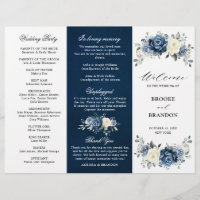 Dusty Blue Ivory Floral Tri-fold Wedding Programme