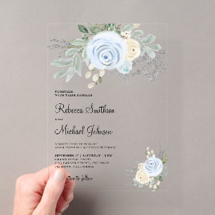 Dusty Blue Ivory Floral Wedding Acrylic Invitations