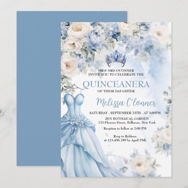 Dusty Blue Ivory Floral Wedding Invitation (Front/Back)