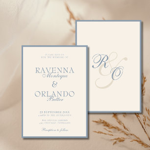 Dusty Blue Ivory Monogram Glam Old Money Wedding Invitation