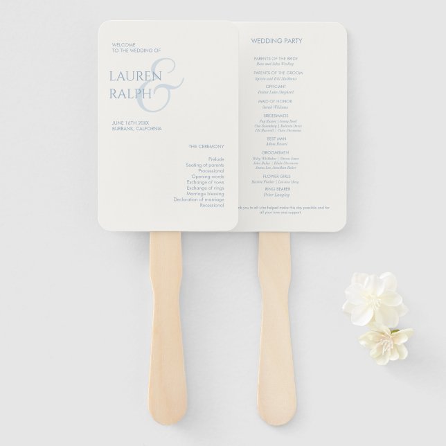 Dusty Blue & Ivory Monogram Wedding Program Hand Fan (Front and Back)