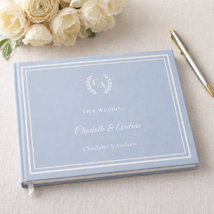 Dusty blue ivory monogrammed wreath wedding guest book