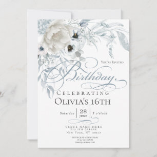 Dusty Blue Ivory Watercolor Peonies Birthday Invitation