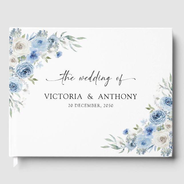Dusty Blue Ivory Wedding Guest Book (Front)