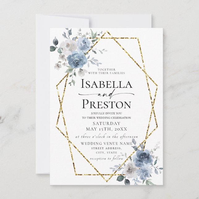 Dusty Blue Ivory White Gold Floral Wedding Invitat Invitation (Front)