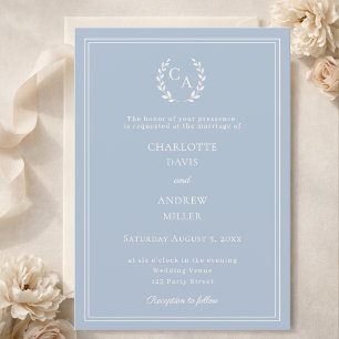Dusty blue ivory wreath monogram simple wedding invitation