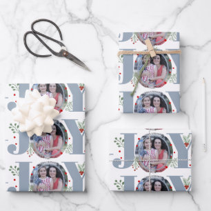 Dusty blue Joy and berries Christmas holiday photo Wrapping Paper Sheet