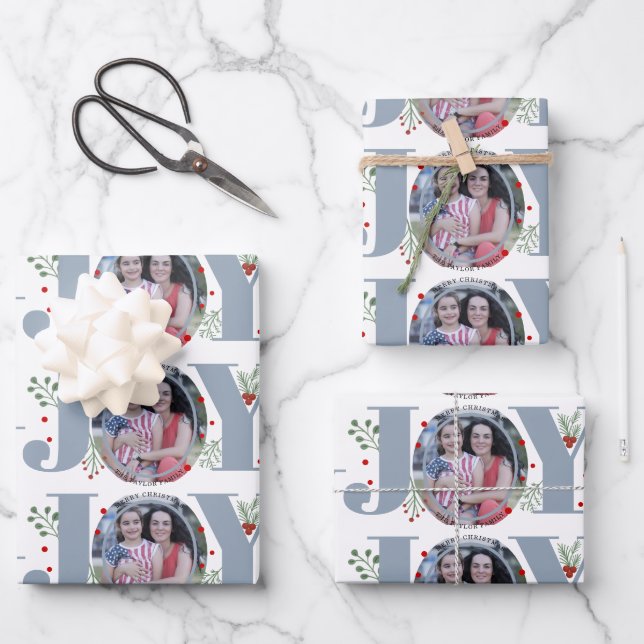 Dusty blue Joy and berries Christmas holiday photo Wrapping Paper Sheet (Front)