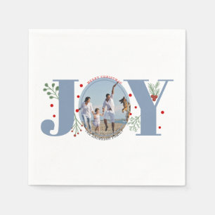 Dusty blue Joy, berries Christmas photo Holiday Napkin