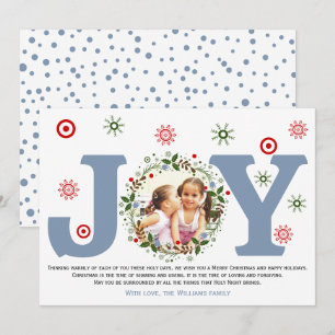 Dusty blue Joy, Christmas floral wreath photo Holiday Card