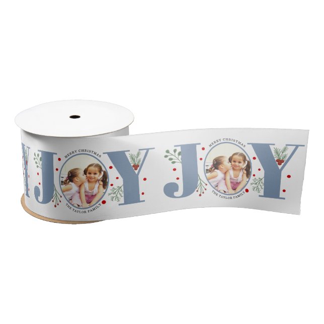 Dusty blue Joy with berries Christmas photo Satin Ribbon (Spool)