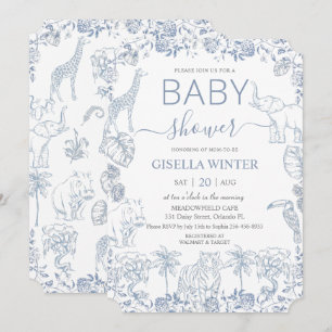 Dusty Blue Jungle Animals Toile Baby Shower  Invitation