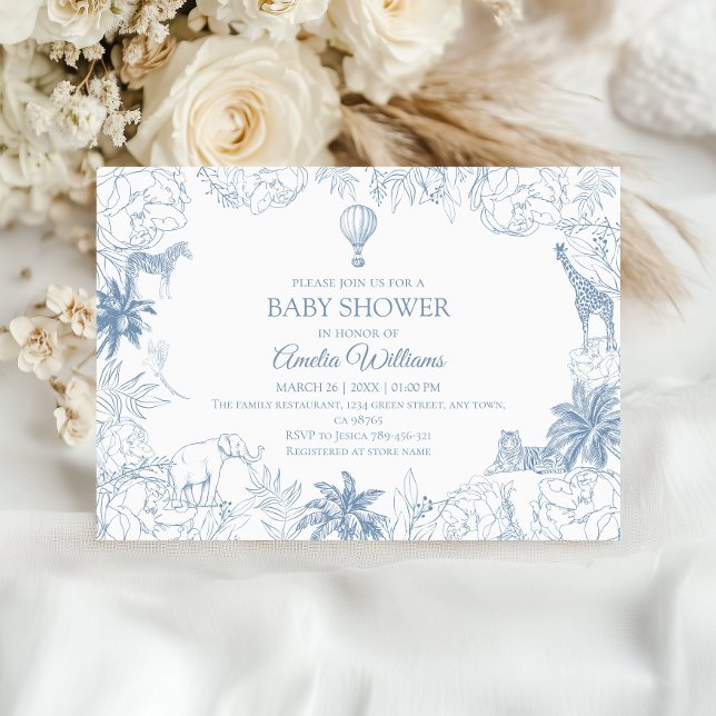 Dusty Blue Jungle Safari Animals Baby Shower Invitation (Creator Uploaded)