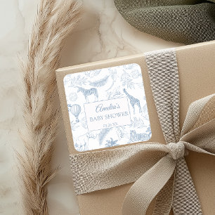 Dusty Blue Jungle Safari Animals Baby Shower Square Sticker