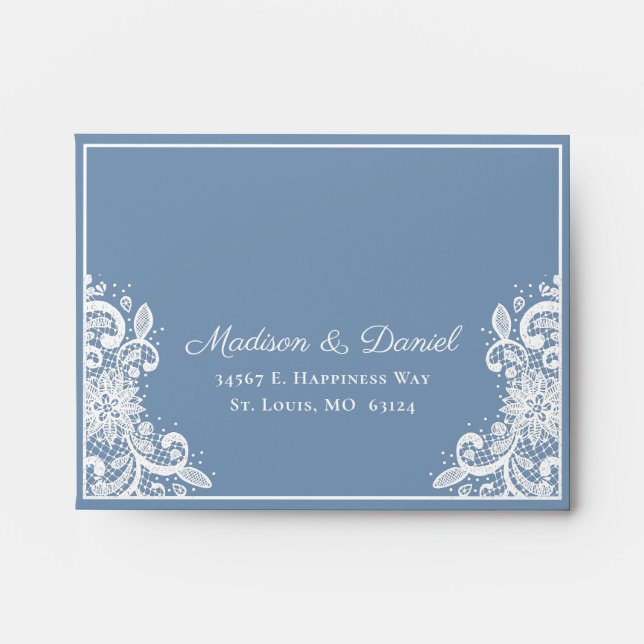 Dusty Blue Lace Lights Wedding RSVP Return Address Envelope (Front)