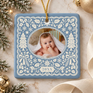Dusty Blue Lace Papercut Christmas Newborn Photo Ceramic Ornament