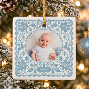 Dusty Blue Lace Poinsettia Reindeer Baby Photo Ceramic Ornament