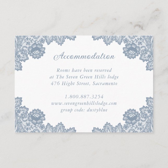 Dusty Blue Lace Wedding Details Accommodation Enclosure Card (Back)