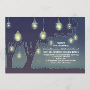 Dusty Blue Lantern Lights Tree Wedding Invitation