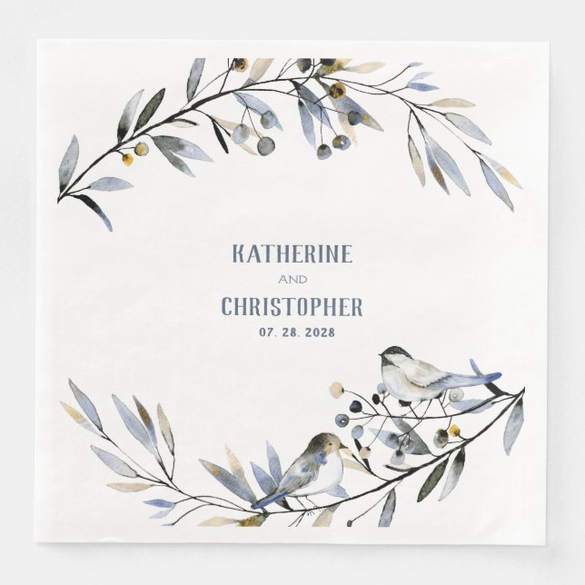 Dusty Blue Leaf Branch Berries & Birds Wedding Napkin (Front)