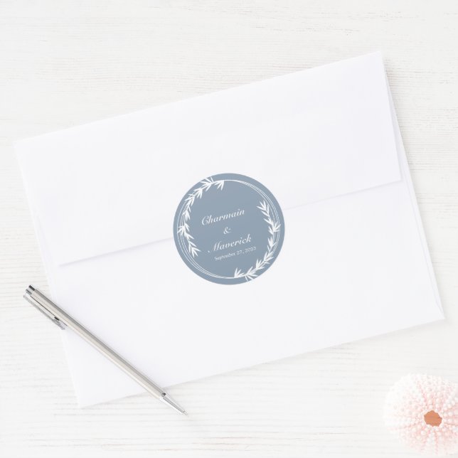 Dusty Blue Leaf  Classic Round Sticker (Envelope)