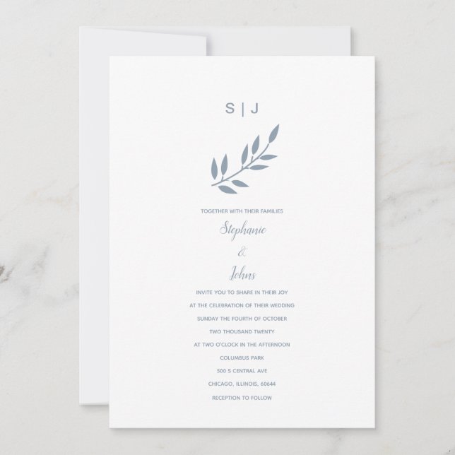 Dusty Blue Leaf Monogram Name Simple Wedding 2024 Invitation (Front)
