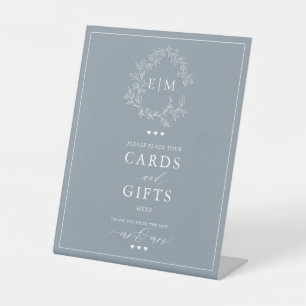 Dusty Blue Leafy Crest Monogram Card & Gifts Pedestal Sign