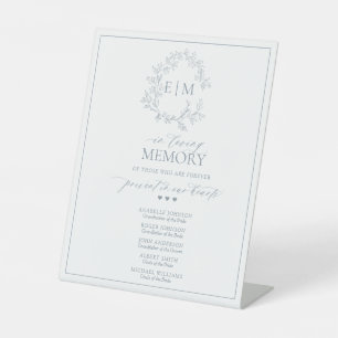 Dusty Blue Leafy Crest Monogram In Loving Memory Pedestal Sign