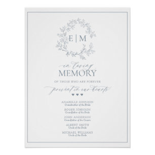 Dusty Blue Leafy Crest Monogram In Loving Memory Poster