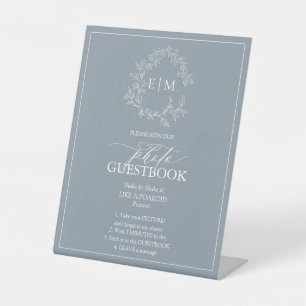 Dusty Blue Leafy Crest Monogram Photo Guestbook Pedestal Sign