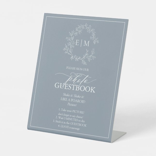 Dusty Blue Leafy Crest Monogram Photo Guestbook Pedestal Sign (Front)