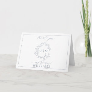 Dusty Blue Leafy Crest Monogram Photo Thank You Card
