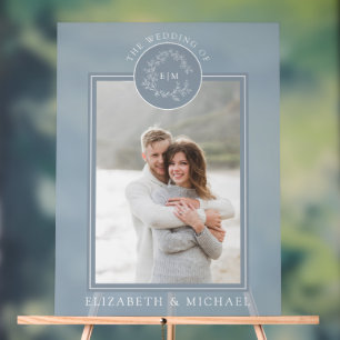 Dusty Blue Leafy Crest Monogram Photo Wedding Acrylic Sign