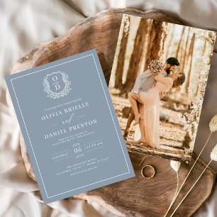 Dusty Blue Leafy Crest Monogram Photo Wedding Invitation