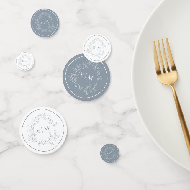 Dusty Blue Leafy Crest Monogram Wedding Confetti (Group)