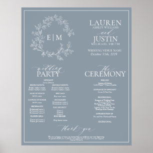 Dusty Blue Leafy Crest Monogram Wedding Program Poster