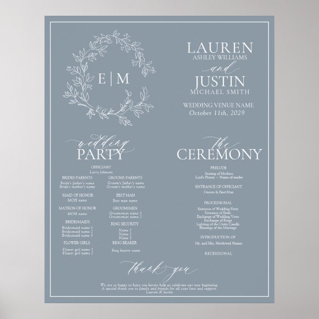 Dusty Blue Leafy Crest Monogram Wedding Program Poster (Front)