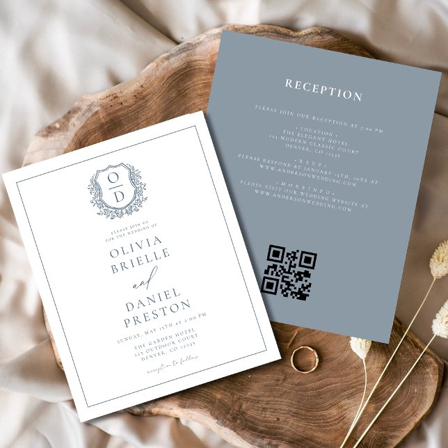 Dusty Blue Leafy Crest Monogram Wedding QR Code Flyer (Creator Uploaded)