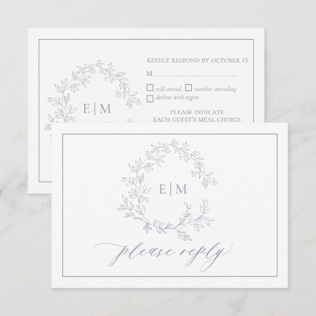 Dusty Blue Leafy Crest Monogram Wedding RSVP Card (Front/Back)