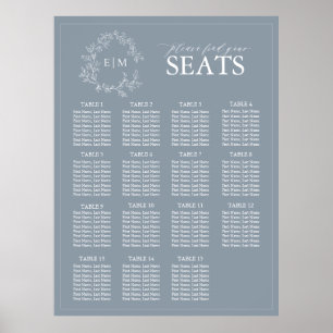 Dusty Blue Leafy Crest Monogram Wedding Seating Poster