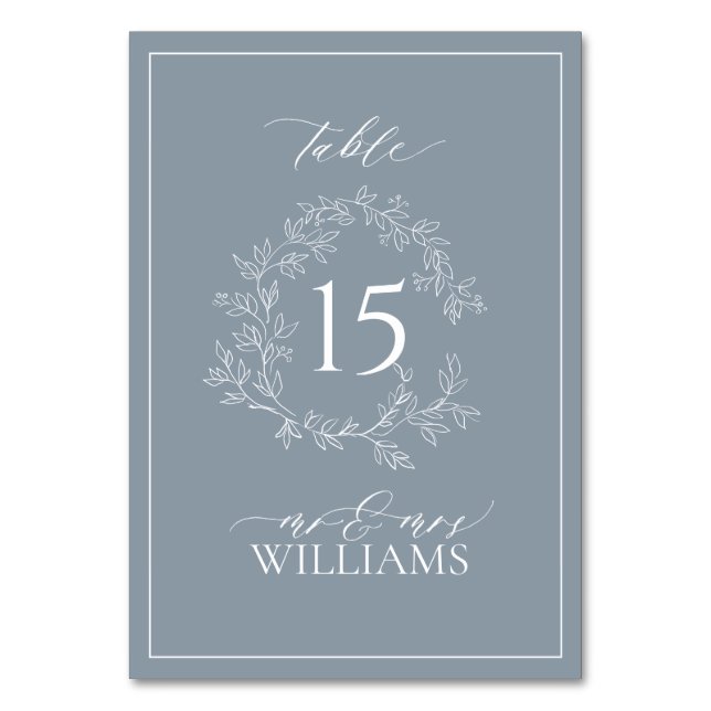 Dusty Blue Leafy Crest Monogram Wedding Table Number (Front)