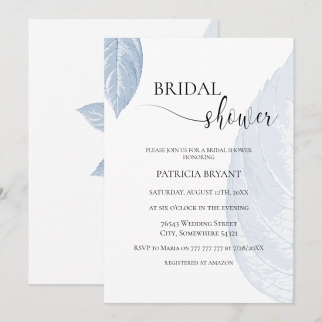 Dusty blue leaves Bridal Shower Invitation (Front/Back)