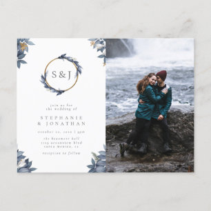 Dusty Blue Leaves & Gold Monogram Wedding Photo Invitation Postcard