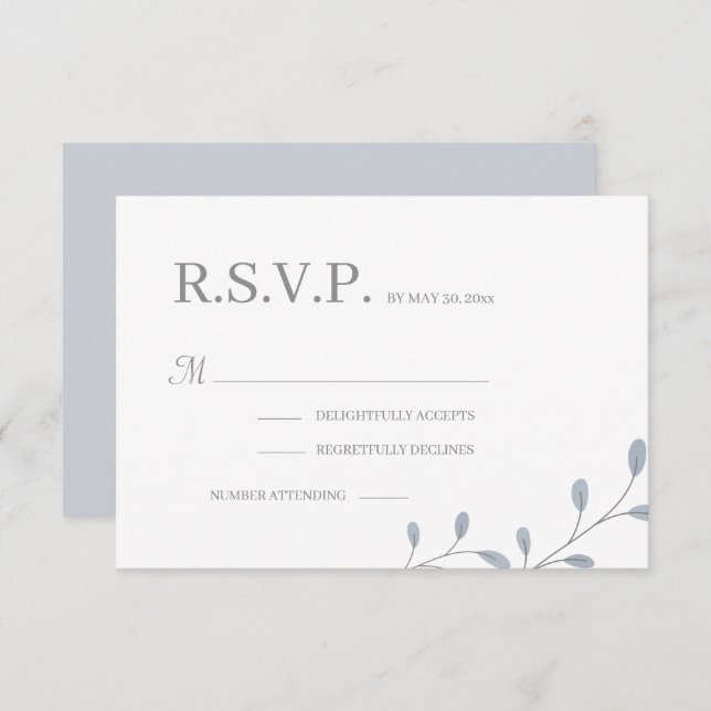 Dusty Blue Leaves Minimalist Chic Wedding RSVP Invitation (Front/Back)