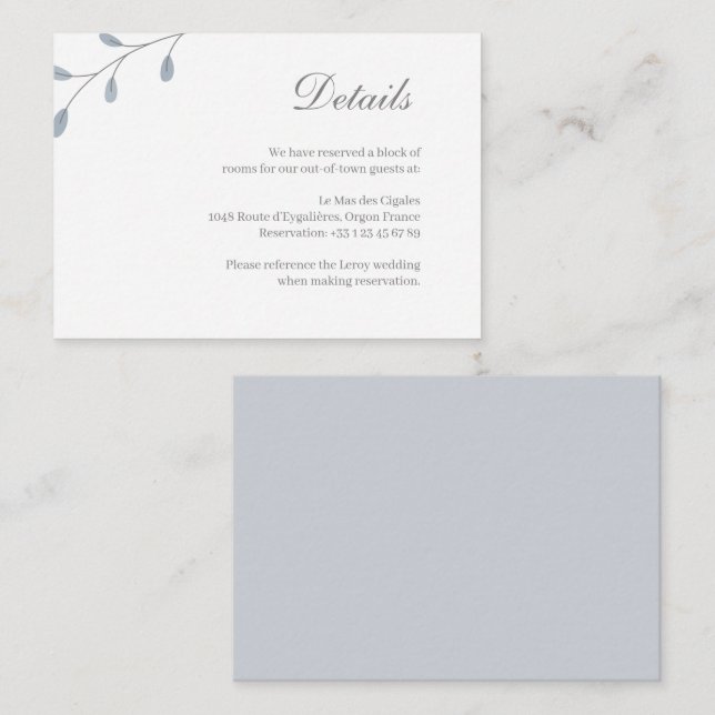 Dusty Blue Leaves Minimalist Wedding Hotel Detail Enclosure Card (Front/Back)