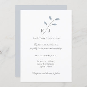 Dusty Blue Leaves Monogram Botanical Wedding Invitation